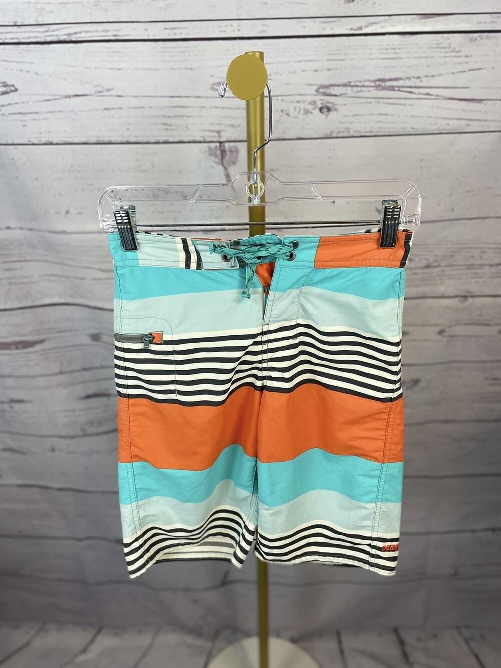Patagonia Boys’ Wavefarer Board Shorts Blue Orange Striped Swim Trunks Size 10